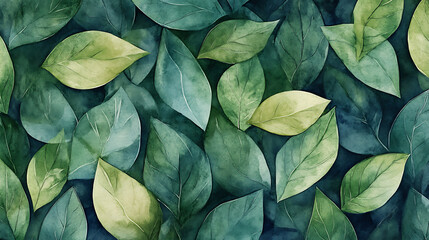 Poster - Green foliage abstract watercolor illustrating a pattern of overlapping green leaves in a textured, artistic style