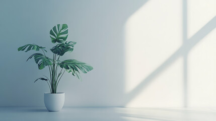 Aufkleber - Green monstera plant in a white pot against a plain white wall, minimalist, indoor plant decor concept