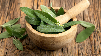 Poster - Green sage leaves and pestle in mortar on wooden table