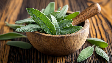 Aufkleber - Green sage leaves and pestle in mortar on wooden table