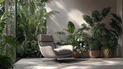 Poster - Grey armchair, monstera, palm trees, indoor plants, apartment in an urban jungle, design with biophilia, cozy home garden in a tropical climate, domestic gardening, eco friendly decor of living room
