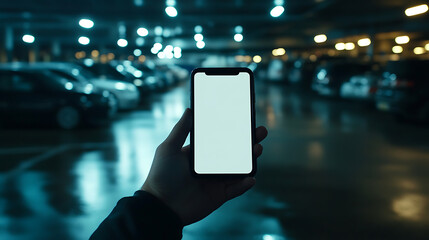 Poster - Hand holding smartphone with blank screen, using a parking app with blurred cars in a sunny parking lot background