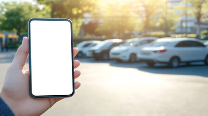 Poster - Hand holding smartphone with blank screen, using a parking app with blurred cars in a sunny parking lot background