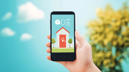 Poster - Hand holding smartphone unlocking smart door, representing mobile access for secure smart home