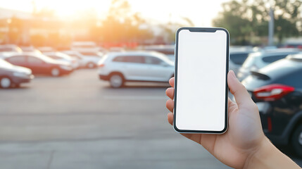 Poster - Hand holding smartphone with blank screen, using a parking app with blurred cars in a sunny parking lot background
