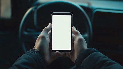 Poster - Hands holding smartphone with white screen mockup inside car, ideal for showcasing online applications