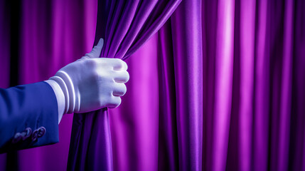 Poster - Magician wearing a suit and white gloves is opening a purple stage curtain, revealing a white background