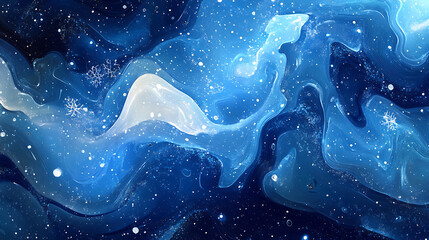 Poster - Magical winter wonderland: dark blue to light blue gradient, icy snow swirling, and sparkling snowflakes