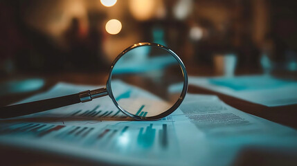 Poster - Magnifying glass placed on financial documents with charts and graphs, highlighting data analysis