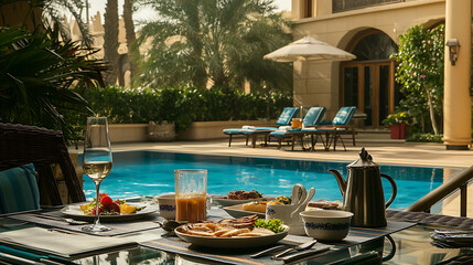 Poster - Healthy breakfast with a view: poolside dining on a sunny terrace (هپ¥ه؛·و—©é¤گé…چç¾ژو™¯ï¼ڑé™½ه…‰éœ²هڈ°ن¸ٹو³³و± ç•”çڑ„ç”¨é¤گé«”é©—)