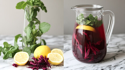 Poster - Hibiscus iced tea with fresh mint leaves and lemon slices in a pitcher