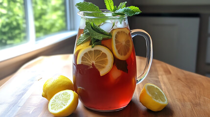 Poster - Hibiscus iced tea with fresh mint leaves and lemon slices in a pitcher