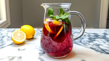 Poster - Hibiscus iced tea with fresh mint leaves and lemon slices in a pitcher