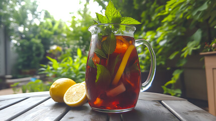 Poster - Hibiscus iced tea with fresh mint leaves and lemon slices in a pitcher