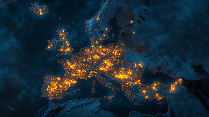 Poster - Map of the europe continent with glowing lights in yellow and orange, representing bustling city activity at night, with earth's blue surface in background