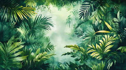 Poster - Watercolor pattern wallpaper, painting of a lush, green jungle landscape, tropical rainforest background