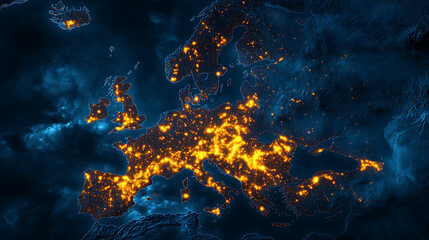 Aufkleber - Map of the europe continent with glowing lights in yellow and orange, representing bustling city activity at night, with earth's blue surface in background