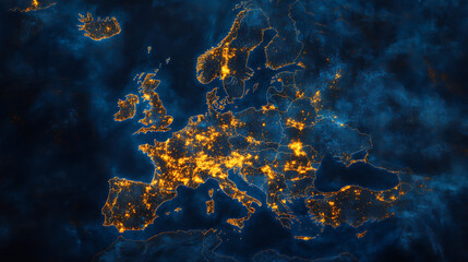 Aufkleber - Map of the europe continent with glowing lights in yellow and orange, representing bustling city activity at night, with earth's blue surface in background