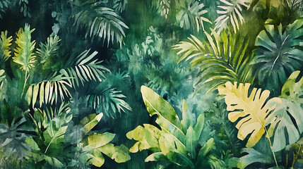 Poster - Watercolor pattern wallpaper, painting of a lush, green jungle landscape, tropical rainforest background