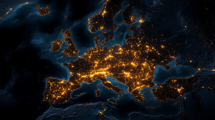 Leinwandbilder - Map of the europe continent with glowing lights in yellow and orange, representing bustling city activity at night, with earth's blue surface in background