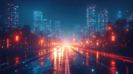 Wall Mural - Rainy night, neon city, wet road, lights.