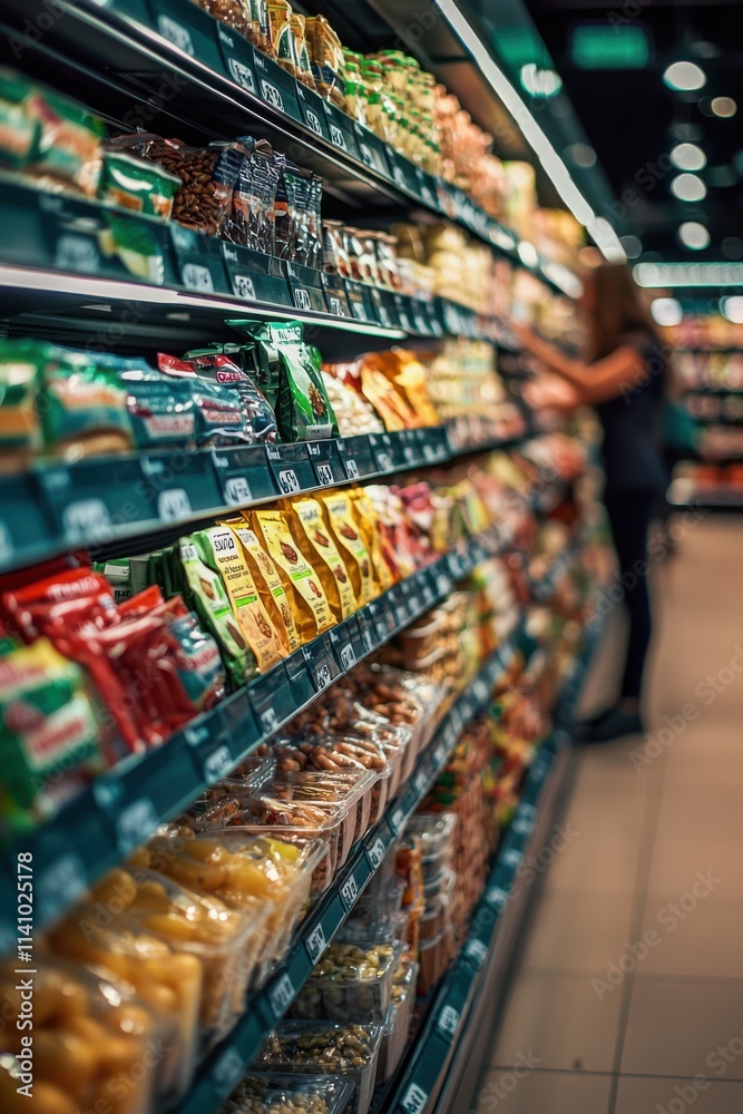 Grocery store aisle filled with various snacks and packaged foods in a ...