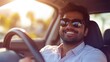 © OLEKSANDR - transport, vehicle and people concept - happy smiling indian man or driver in sunglasses driving car