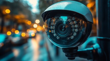 Poster - CCTV camera monitoring street activity during evening rush hour in an urban setting