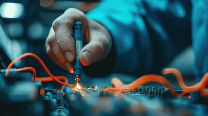Poster - A technician works with electronic components, using a tool to connect wires, demonstrating precision in a technical environment.