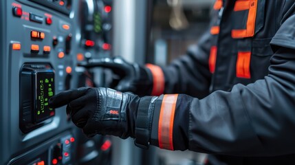 Poster - A technician in a dark environment adjusts control panels featuring glowing buttons and displays, showcasing modern technology and safety gear.