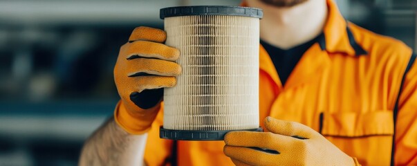 Poster - A technician in an orange uniform holds a clean air filter, showcasing its intricate design in a workshop environment.