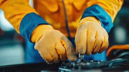 Poster - A mechanic in protective gloves tightens a bolt on machinery, showcasing hands-on skills and attention to detail in a workshop setting.