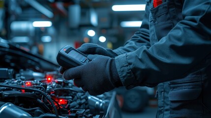 Poster - A technician inspects a car's engine, using a diagnostic tool to assess performance in a dimly lit workshop.