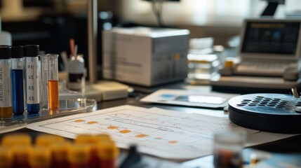 Aufkleber - detailed shot of an aienabled data analysis tool on a desk surrounded by handwritten notes and graph