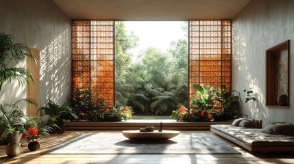 Sticker - Serene room, garden view, plants, low seating.