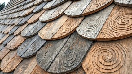 Aufkleber - Close up view of overlapping wooden roof tiles featuring a decorative spiral pattern, highlighting traditional craftsmanship in the building's exterior