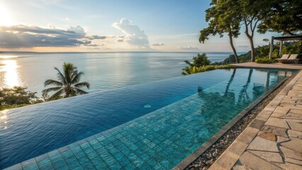 Poster - Tranquil blue infinity pool merging with the vast ocean at sunset, surrounded by lush tropical vegetation and palm trees, creating a luxurious and serene vacation getaway