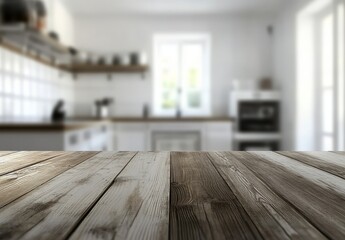 Aufkleber - Rustic wooden table in blurred bright kitchen background.