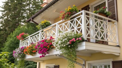 Aufkleber - Colorful flowers and lush green plants overflowing from pots and planters create a vibrant atmosphere on a modern white balcony, enhancing curb appeal and adding nature's touch