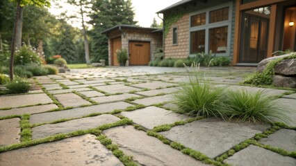Aufkleber - Ornamental grass growing in the cracks between paving stones creates a unique and visually appealing pathway leading to a contemporary home, blending nature and architecture seamlessly