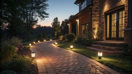 Poster - Warm light from landscape lighting fixtures illuminates a brick paved pathway leading to a luxurious home at dusk, creating a welcoming and secure ambiance