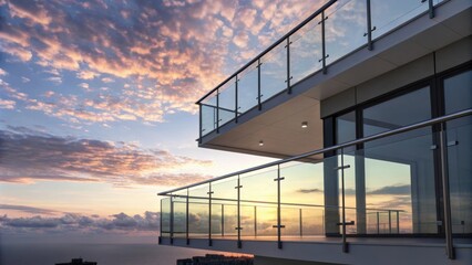 Aufkleber - Glass balcony of a modern building overlooking a cityscape at sunset, with colorful clouds reflecting in the windows, creating a luxurious and peaceful atmosphere