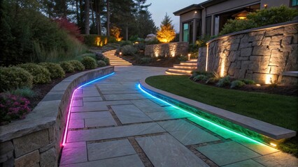 Aufkleber - Colorful led strip lights embedded in stone borders create a vibrant pathway leading to a contemporary house, enhancing the landscape design at twilight