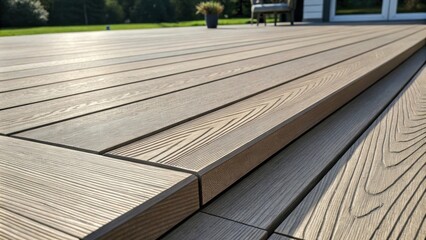 Leinwandbilder - Close up view of composite decking boards showcasing their wood like texture and precise installation, creating a beautiful and long lasting outdoor flooring solution