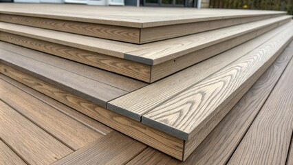 Poster - Close up view of a newly built wooden deck featuring stairs with anti slip strips, showcasing contemporary design and craftsmanship in home construction