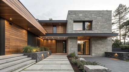 Aufkleber - Stone and wood siding combine to create a modern and luxurious home exterior, featuring a paved walkway, landscaped garden, and illuminated entrance at dusk