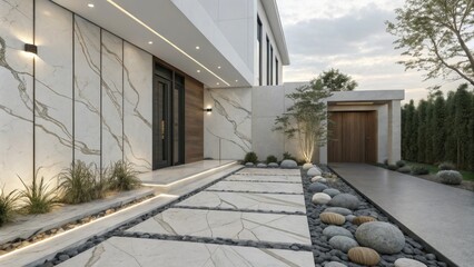 Aufkleber - Contemporary house exterior showcases a sleek marble facade, illuminated landscaping, and a welcoming entrance, creating a luxurious and inviting curb appeal at dusk
