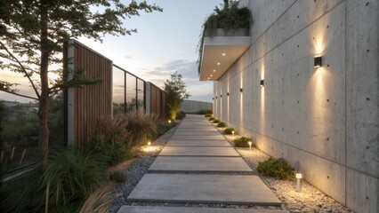 Aufkleber - Pathway leading to a modern house entrance, illuminated by wall mounted and ground lights, creating a warm ambiance at dusk with a wooden fence and decorative plants