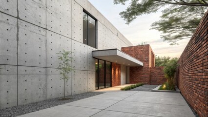 Poster - Concrete and brick facade of a modern house featuring a paved driveway, landscaping, and a brick wall, creating a stylish and contemporary entrance