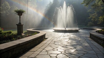 Aufkleber - Majestic water fountain takes center stage in a tranquil park. Adorned with a vibrant rainbow. Creating a picturesque scene of serenity and natural beauty. With sunlight filtering through the mist